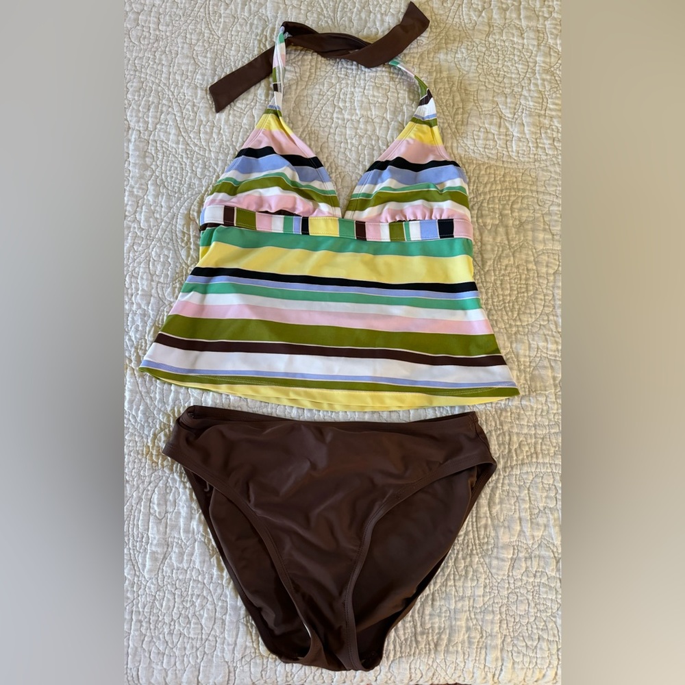 Baja Blue Tankini Swimsuit, Multicolor Stripes